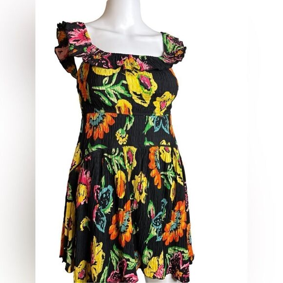 Urban Outfitters Motif Floral Off The Shoulder Mini Dress Black Yellow Size XS - Picture 1 of 5